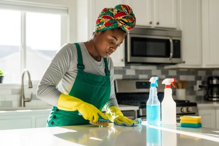 Cleaner in an apron and yellow gloves scrubbing a kitchen counter with a brush