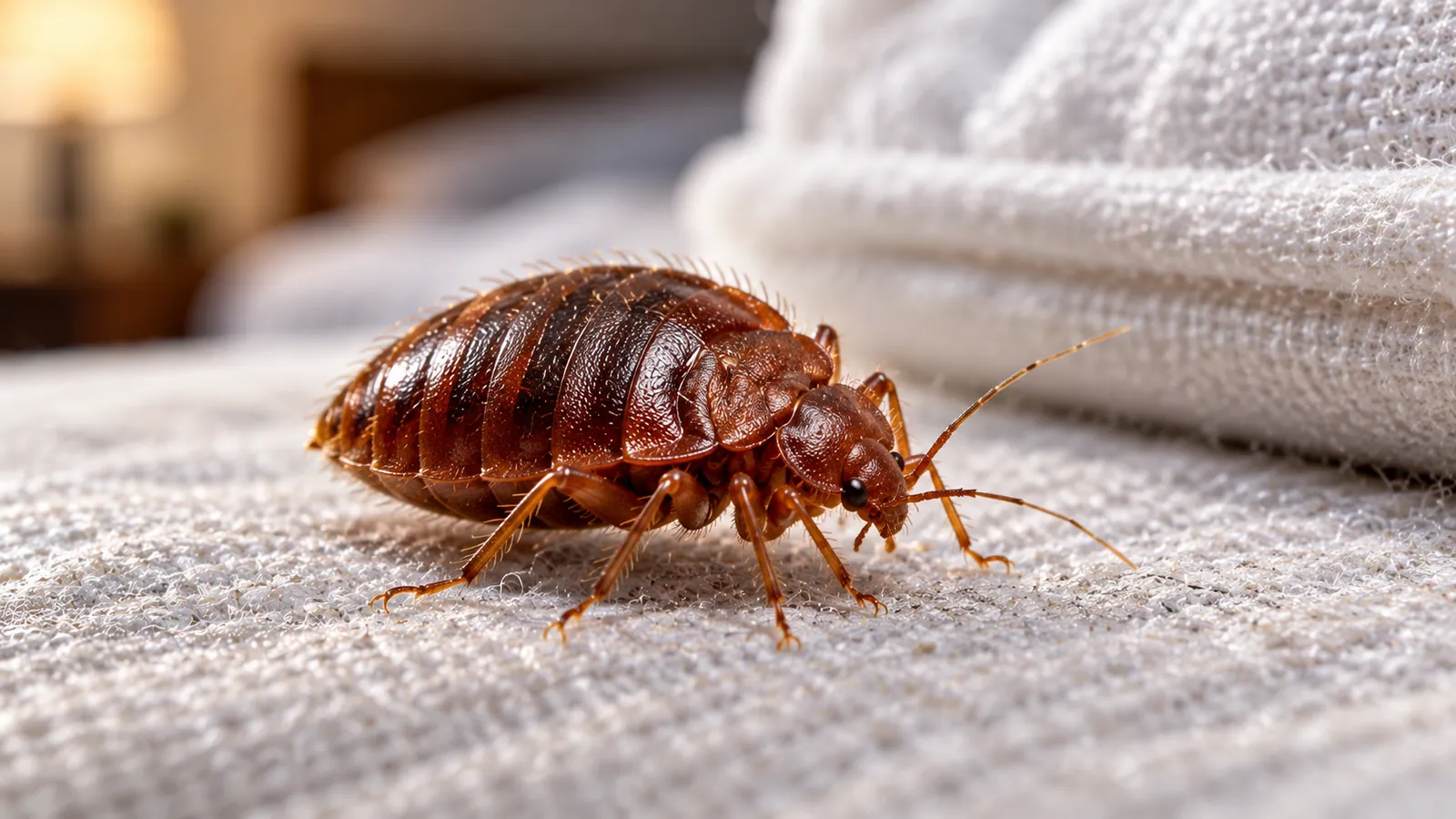 Close-up of an adult bed bug on white bedding