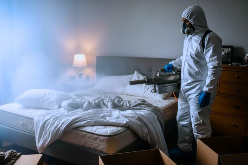 Technician in protective gear treating a bed and bedroom furniture for bed bugs