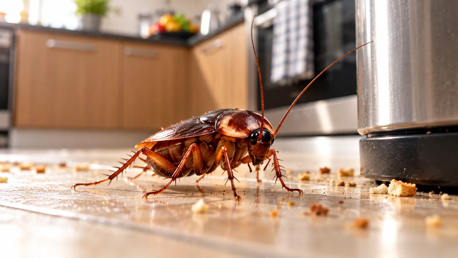 Cockroach on a kitchen floor among food crumbs beside a bin