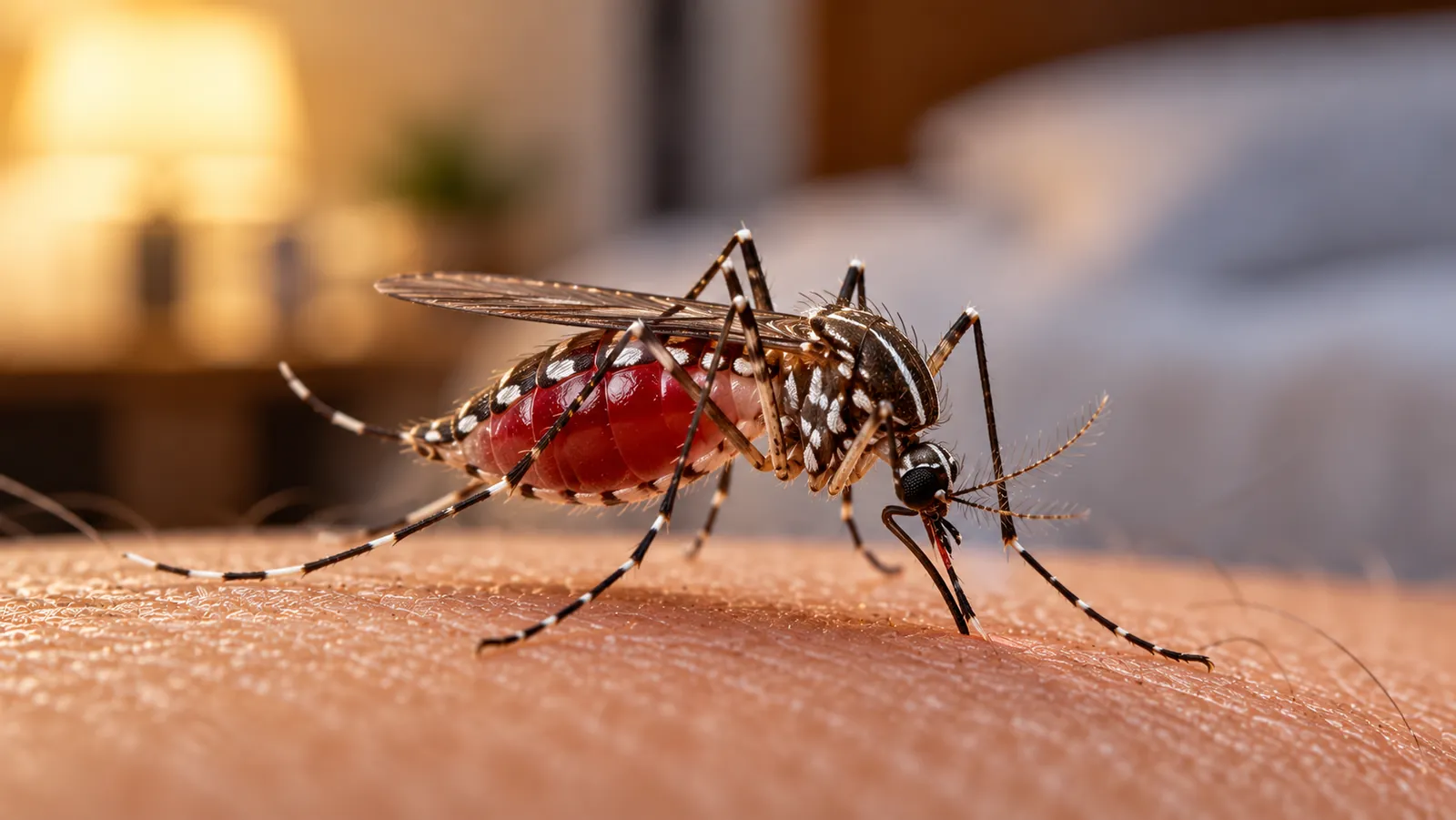 Close-up of a mosquito feeding on skin in a bedroom