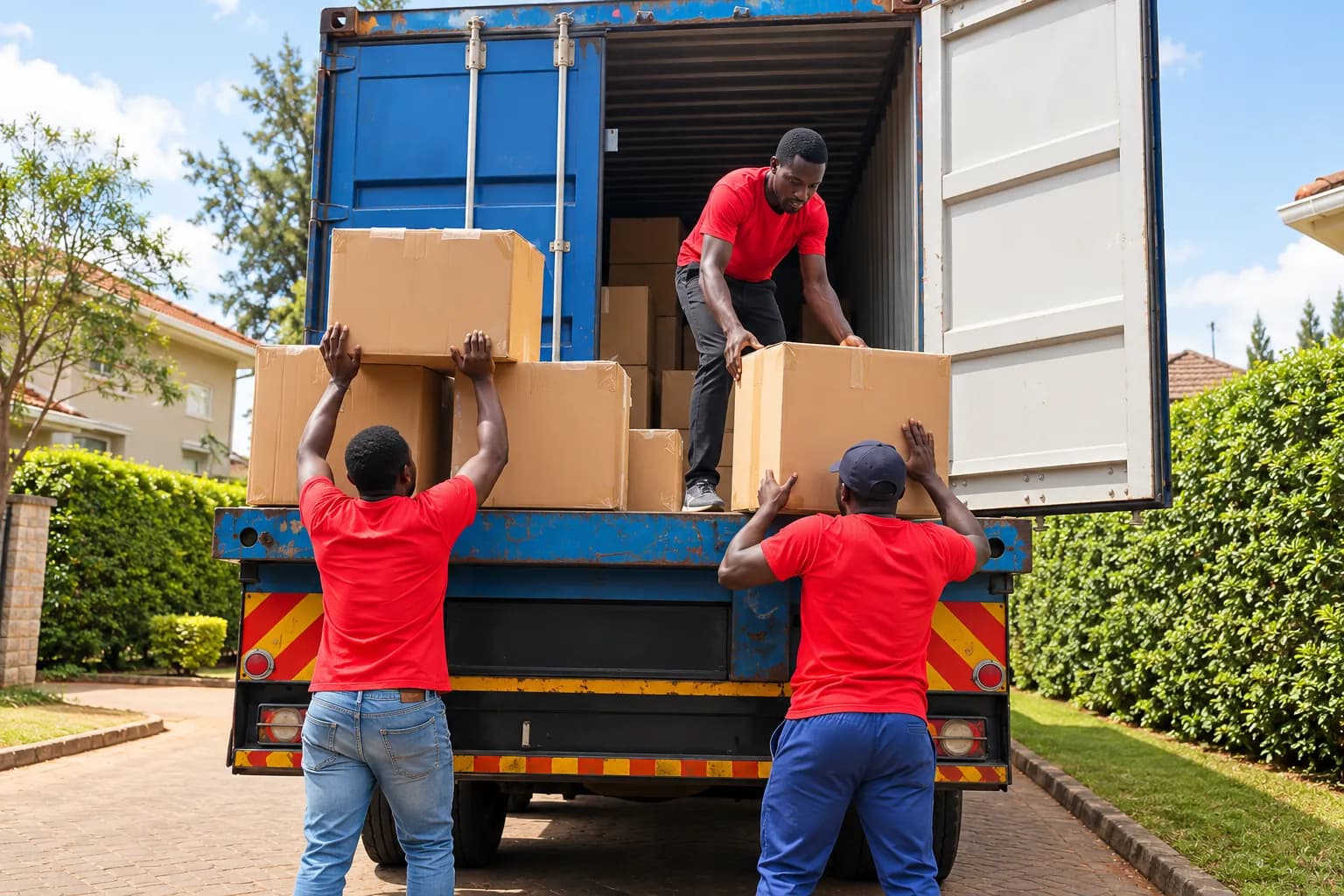 Three movers loading packed cardboard boxes into a container truck outside a home