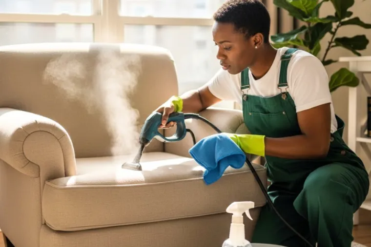 Cleaner using a steam machine to deep clean a fabric armchair