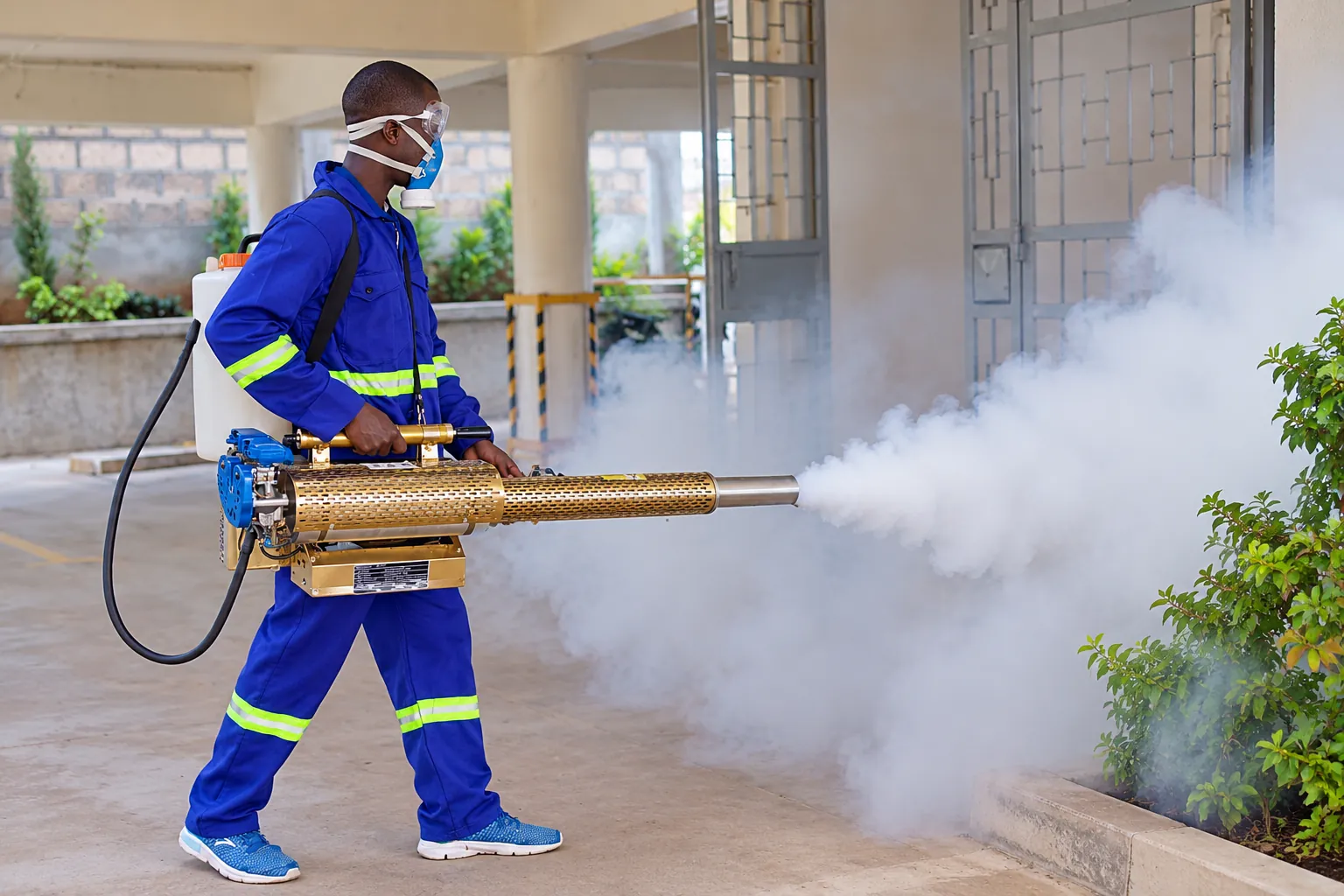 Pest control technician in blue overalls, goggles and a respirator thermal fogging a building courtyard