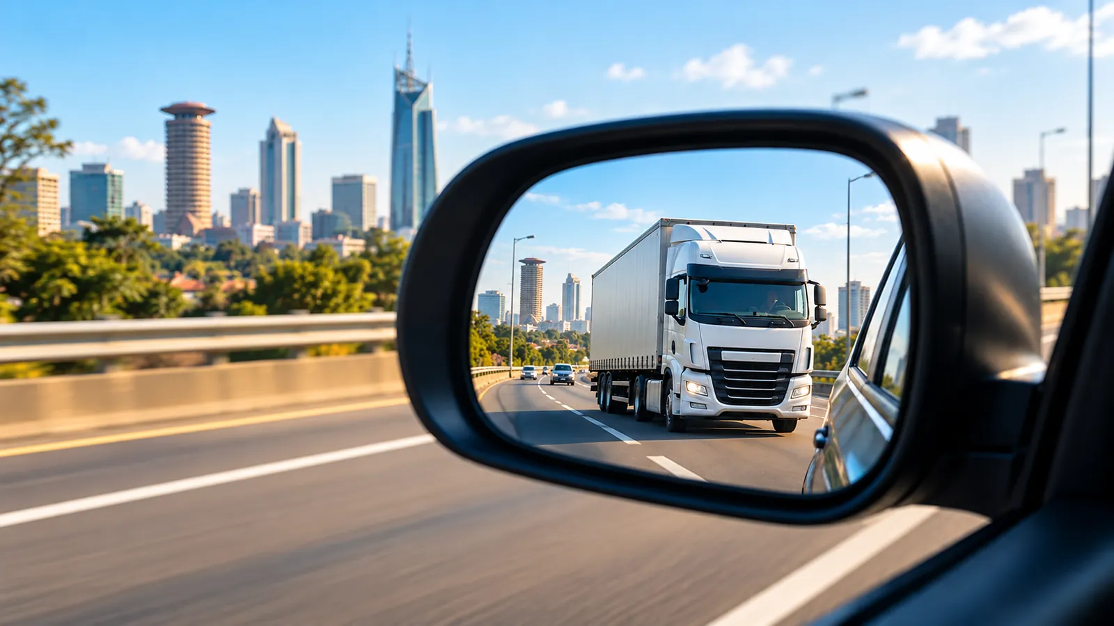 Cargo truck seen in a car wing mirror on a Nairobi highway, with the city skyline behind